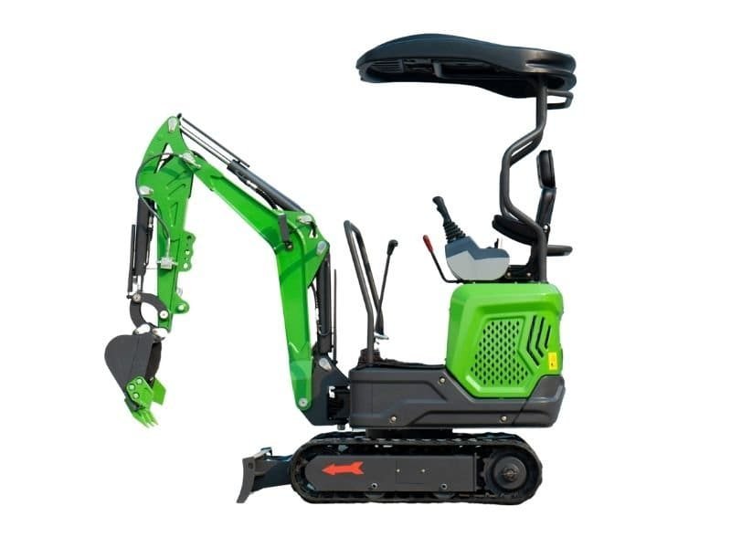 Green mini excavator shown on the QS-15 product page, with canopy and dozer blade