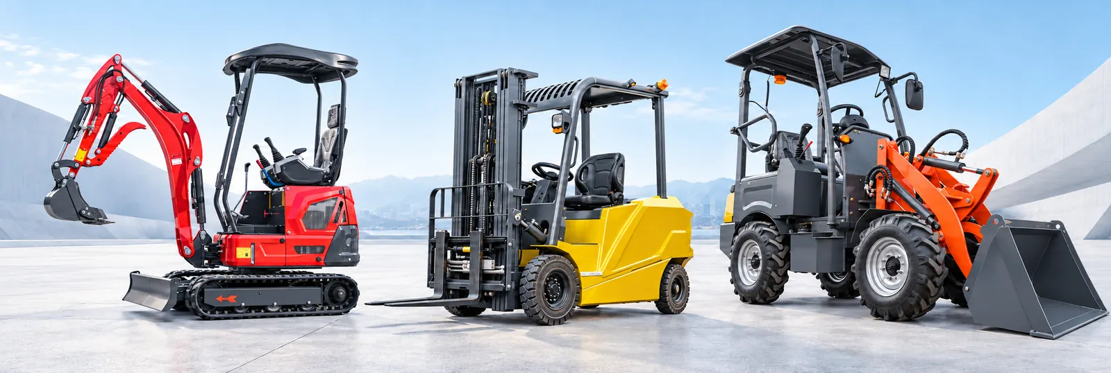 Illustrative lineup of a mini excavator, electric forklift and compact wheel loader